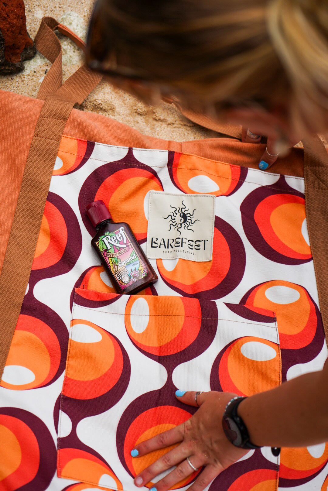 This image features a canvas surfboard cover named "Fleurieu Peninsula Sunset Orange," inspired by the stunning ocean sunsets observed on the south Australia coast. The cover is crafted from durable, waterproof canvas, designed to protect the surfboard from dings, dents, sun, sand, and surf wax.